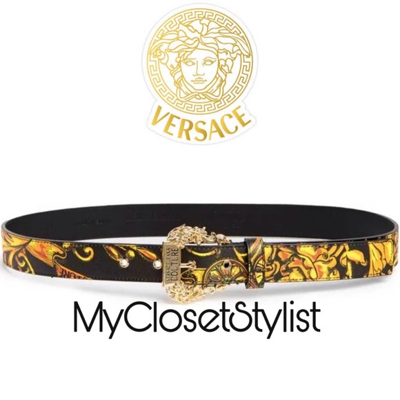 VERSACE Gold Statement Leather Belt NWT Signature Pattern Italy 95 large unisex - Picture 1 of 5